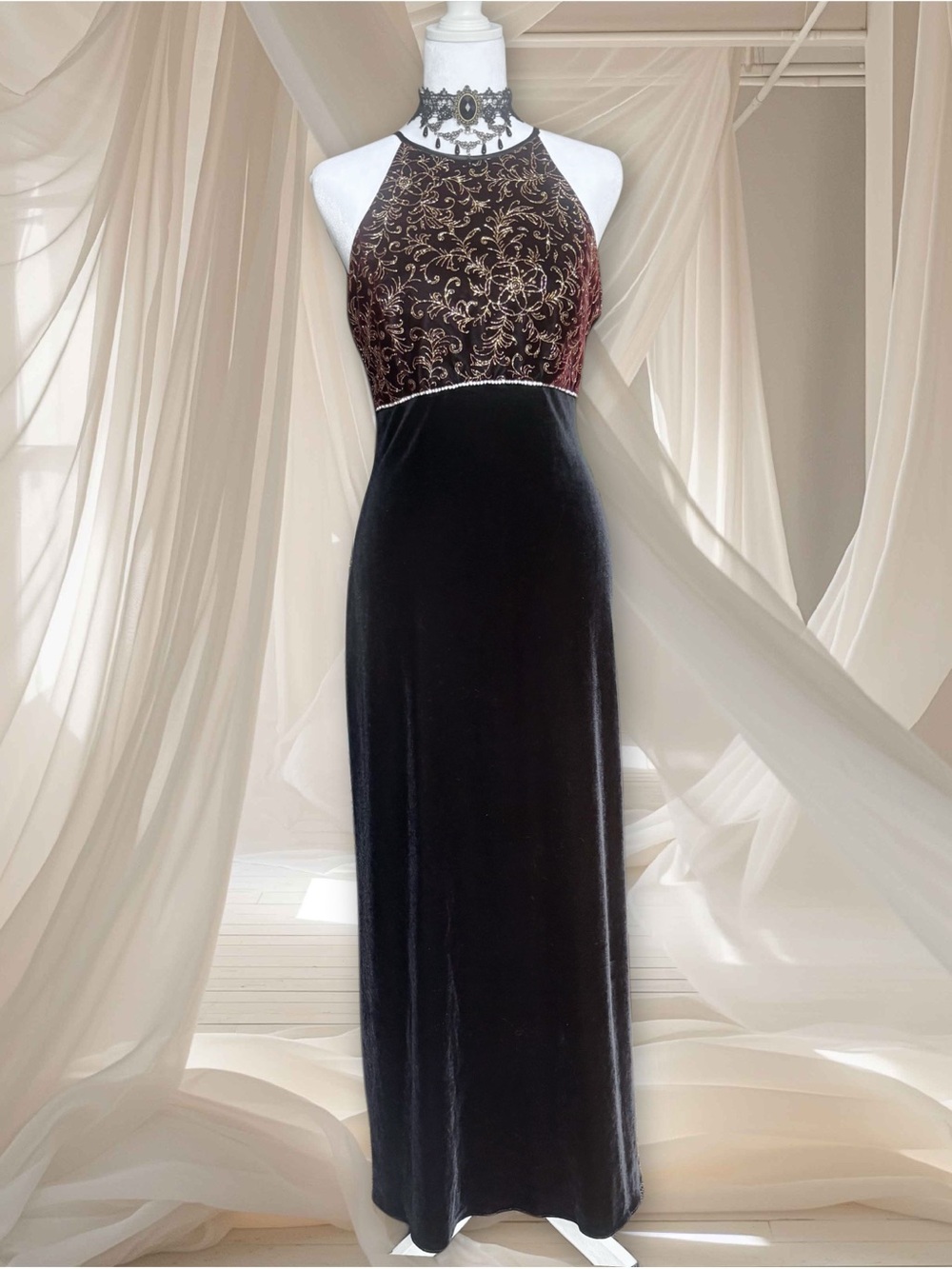Vintage Black Velvet Maxi Dress with Gold Embroidered Bodice